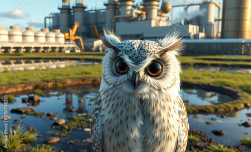 owl christmas Aerial landscape view of waste in water treatment plant in polluted ponds behind industrial paper mill facility  animal, decoration, season, bird photo