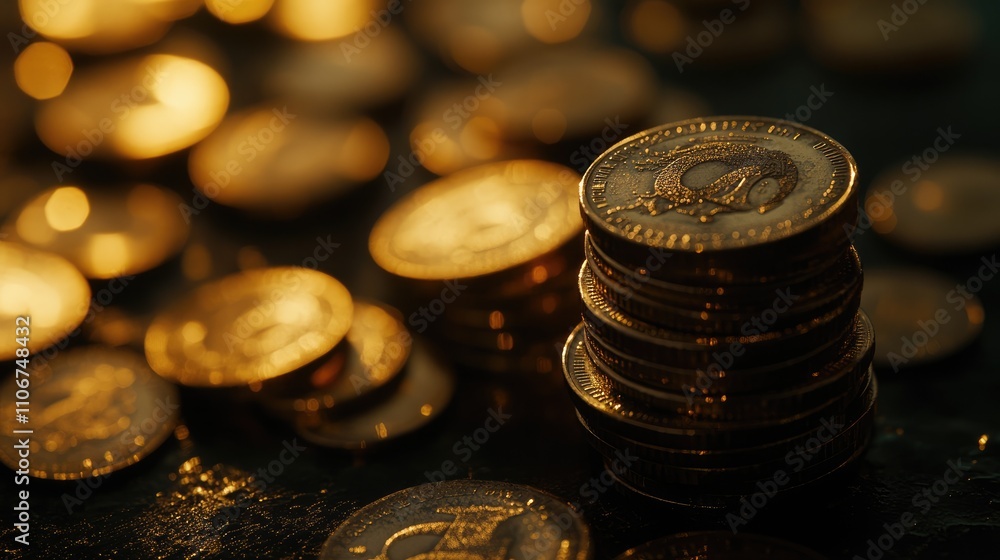 Close-Up of Stacked Coins with Golden Bokeh Background Effect Close-Up of Stacked Coins with Golden Bokeh Background Effect