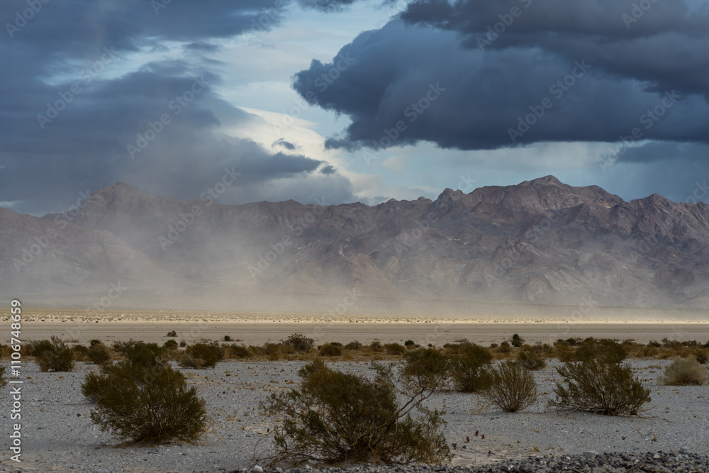 Dust storm and rain clouds during a windy afternoon in the Mojave Desert, California. Shown on November 26, 2024.