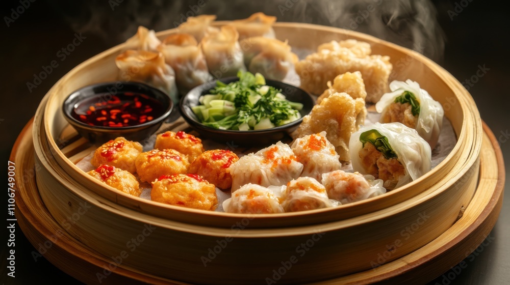 A tempting platter of assorted dim sum including dumplings, spring rolls, and siu mai A tempting platter of assorted dim sum including dumplings, spring rolls, and siu mai
