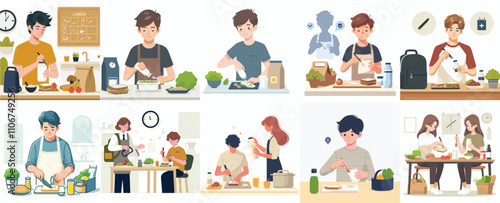 Vector set of a teenager preparing lunch in a simple flat design style