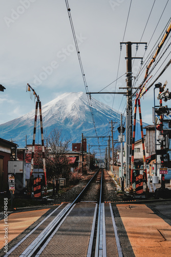 Scenic Train Tracks with Snowy Mountain Backdrop