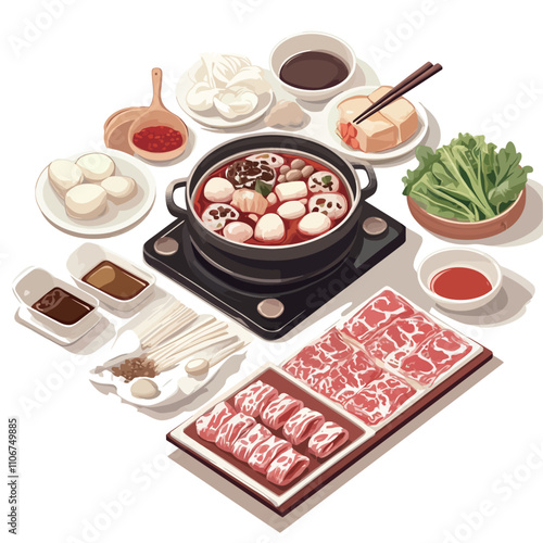 Illustration of japanese hot pot with meat, vegetables, soy sauce and chopsticks.eps