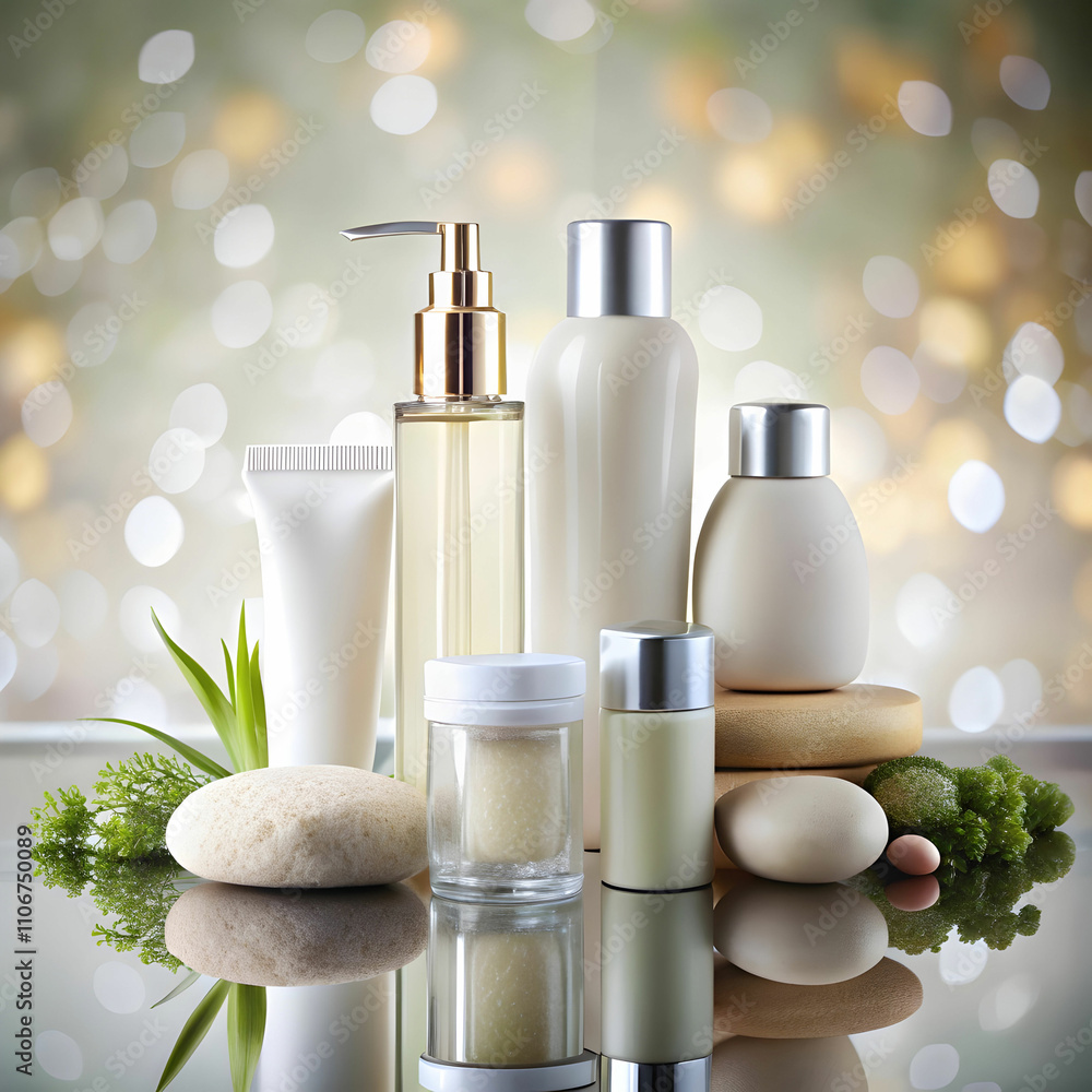 cosmetic bottles and stones on light background cosmetic bottles and stones on light background