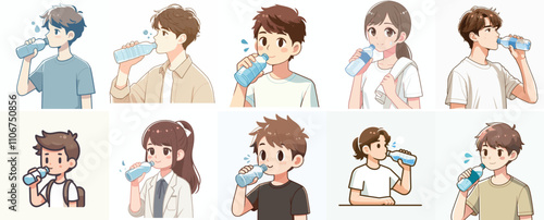 Vector set of a teenager drinking water in a simple flat design style