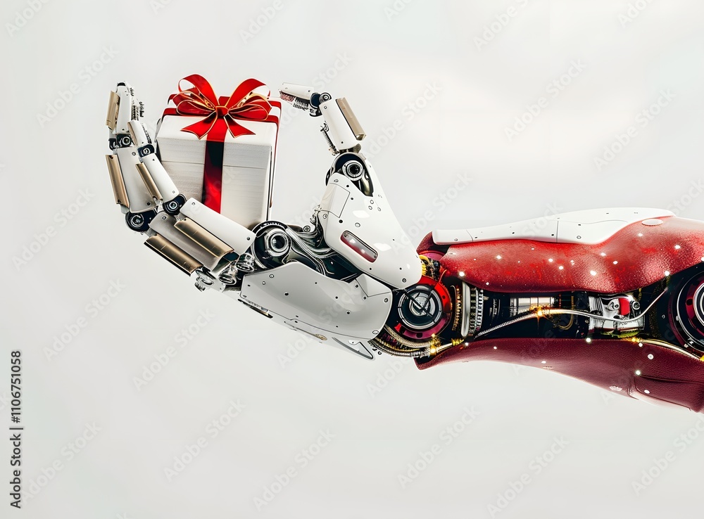 Naklejka premium A robotic hand, detailed and gleaming, presents a gift box with a vibrant red ribbon. A futuristic image of technology and festive cheer.