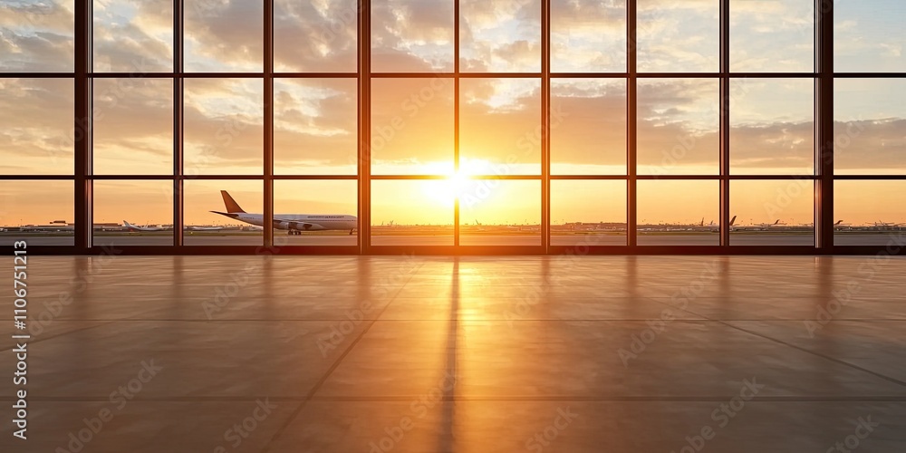 A serene airport interior with large windows showcasing a vibrant sunset and an airplane silhouetted against the colorful sky. A serene airport interior with large windows showcasing a vibrant sunset and an airplane silhouetted against the colorful sky.