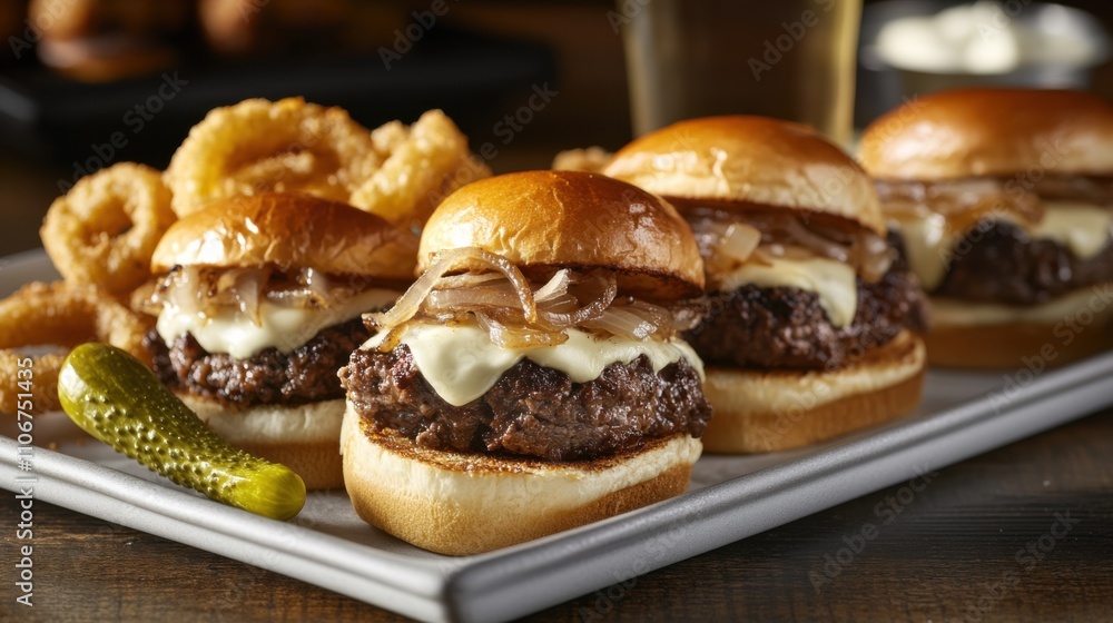A tempting platter of beef sliders topped with caramelized onions, melted cheddar cheese, and barbecue sauce A tempting platter of beef sliders topped with caramelized onions, melted cheddar cheese, and barbecue sauce