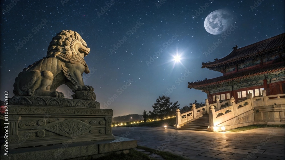 Naklejka premium Timeless Beauty Underneath a vast canopy of stars the guardian lion statue radiates an otherworldly light. The moons beams cascade over the statue illuminating its boldly carved