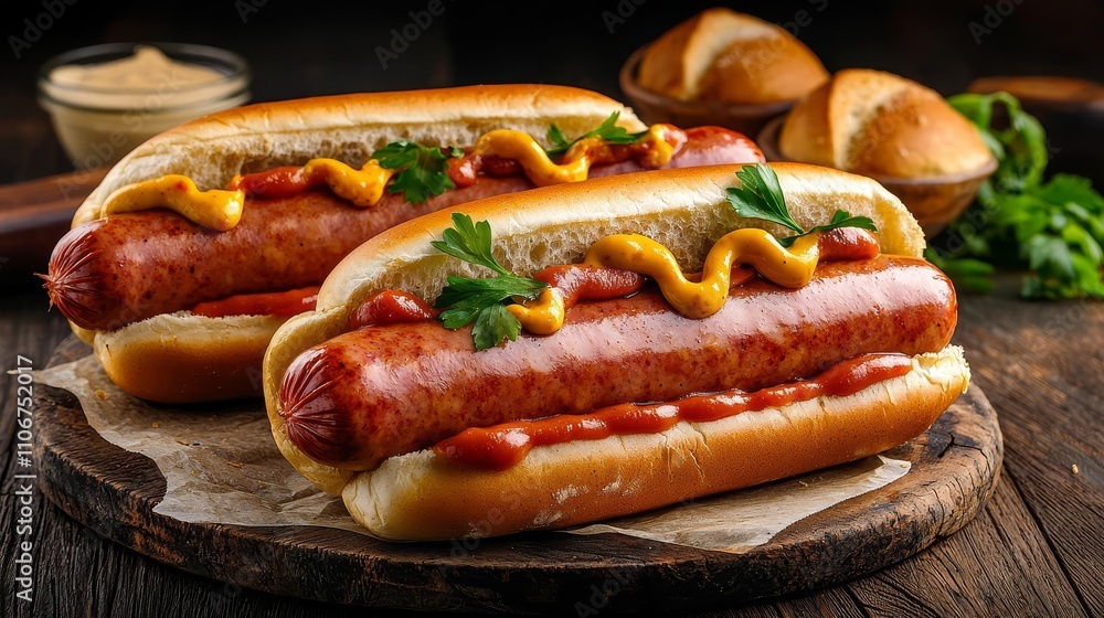 Delicious hot dogs topped with mustard and ketchup, served on a wooden board. Perfect for summer picnics and backyard barbecues. Delicious hot dogs topped with mustard and ketchup, served on a wooden board. Perfect for summer picnics and backyard barbecues.