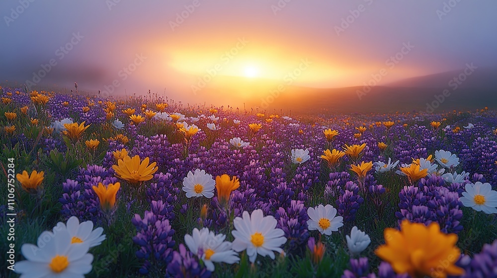 A vibrant field of flowers at sunrise, enveloped in gentle fog. A vibrant field of flowers at sunrise, enveloped in gentle fog.