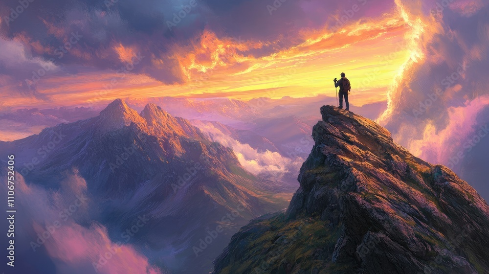 A lone figure stands atop a rocky peak, gazing at a vibrant sunset over majestic mountains. A lone figure stands atop a rocky peak, gazing at a vibrant sunset over majestic mountains.