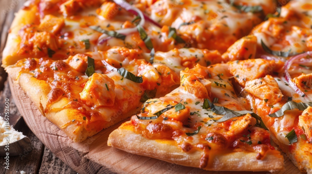 Buffalo chicken pizza slices served on a platter Buffalo chicken pizza slices served on a platter