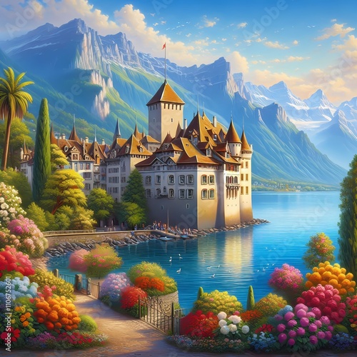 The Montreux Rivera along Lake Geneva, with grand Chillon Castle, towering mountains, flowers and trees, painting art photo