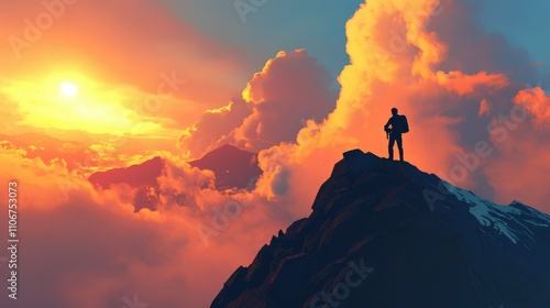 A lone figure stands on a mountain peak, gazing at a vibrant sunset amidst clouds.