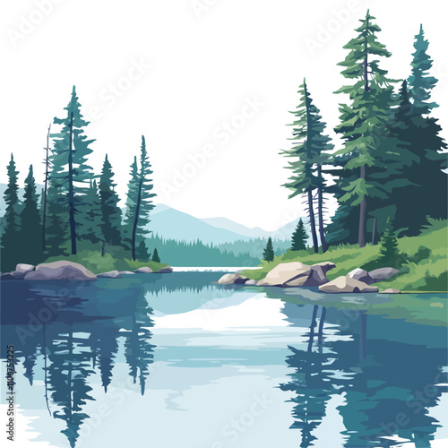 Landscape with a lake and coniferous forest. Vector illustration.eps