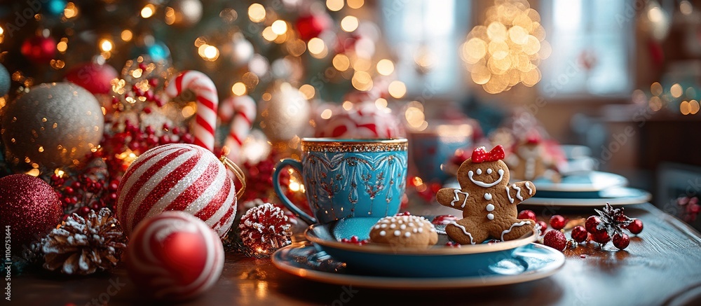 A festive scene with a decorated table featuring cookies, a cup, and Christmas ornaments. A festive scene with a decorated table featuring cookies, a cup, and Christmas ornaments.