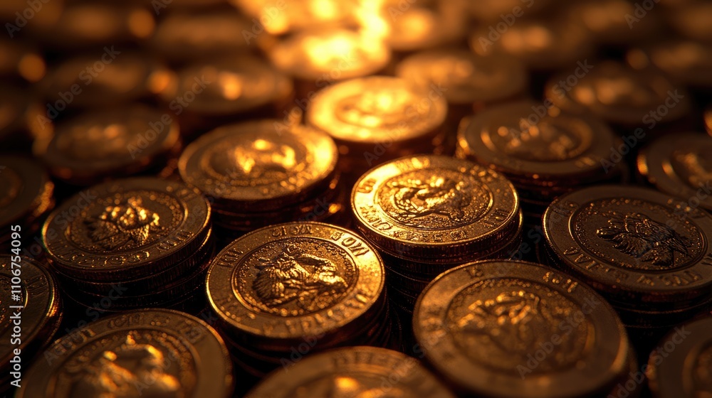 Glimmering Gold Coins Piled Together in Soft Warm Light Glimmering Gold Coins Piled Together in Soft Warm Light