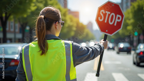 Female crossing guard ensuring pedestrian safety - Generative AI