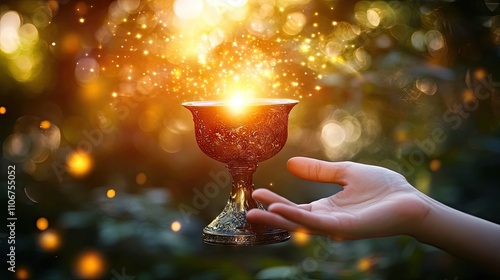 Magical Golden Chalice Glowing With Sparkles and Light Effects photo