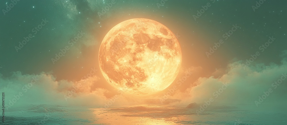 A large, glowing moon rises over a tranquil ocean, surrounded by soft clouds and stars. A large, glowing moon rises over a tranquil ocean, surrounded by soft clouds and stars.