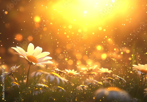 A field of wildflowers bathed in the golden glow of sunset.