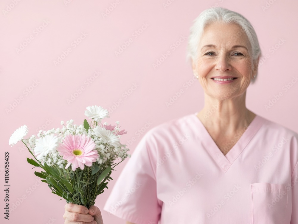 Celebrating Labor Appreciation Day Elderly Female Nurse Honored with Flowers in Bright Indoor Setting - Perfect for Mothers Day and International Womens Day Celebrating Labor Appreciation Day Elderly Female Nurse Honored with Flowers in Bright Indoor Setting - Perfect for Mothers Day and International Womens Day