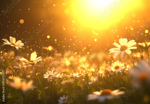 A field of wildflowers bathed in the golden glow of sunset.