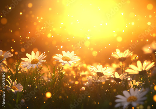 A field of wildflowers bathed in the golden glow of sunset.