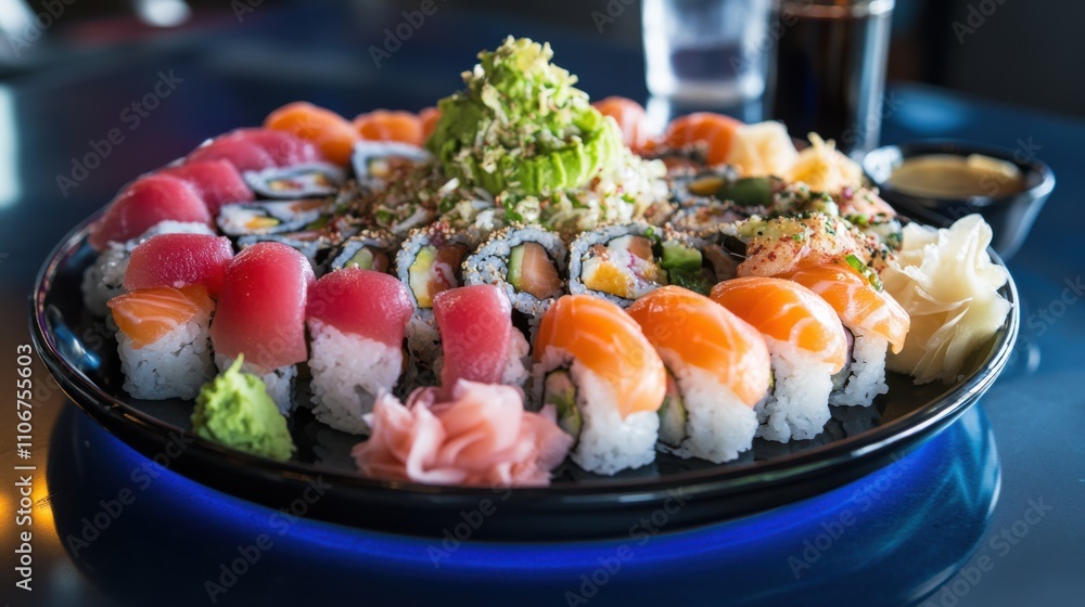 A tempting platter of colorful sushi rolls, featuring salmon, tuna A tempting platter of colorful sushi rolls, featuring salmon, tuna