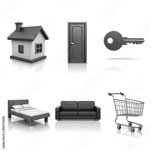 Wallpaper Mural Minimalist Black-and-White 3D Home Icons on White Background, set of black and white icons Torontodigital.ca