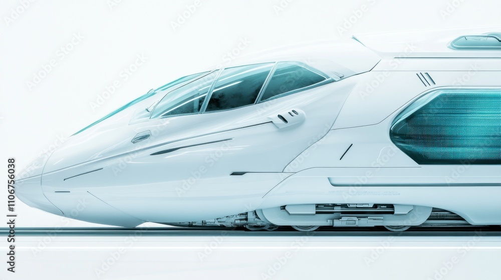 Close-up of futuristic bullet train with atmospheric lighting on white background Close-up of futuristic bullet train with atmospheric lighting on white background