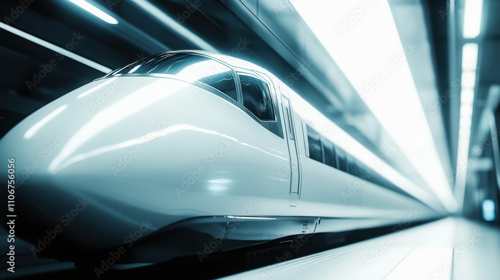 Fototapeta premium Close-up of futuristic bullet train with atmospheric lighting on white background