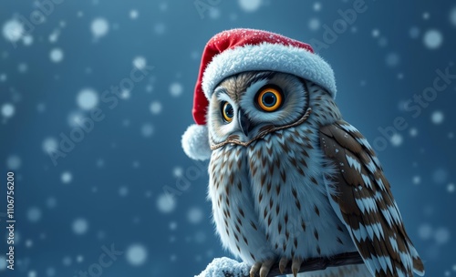 owl christmas A festive owl wears a santa hat while perched on a snowy branch during a gentle snowfall  animal, decoration, season, bird photo