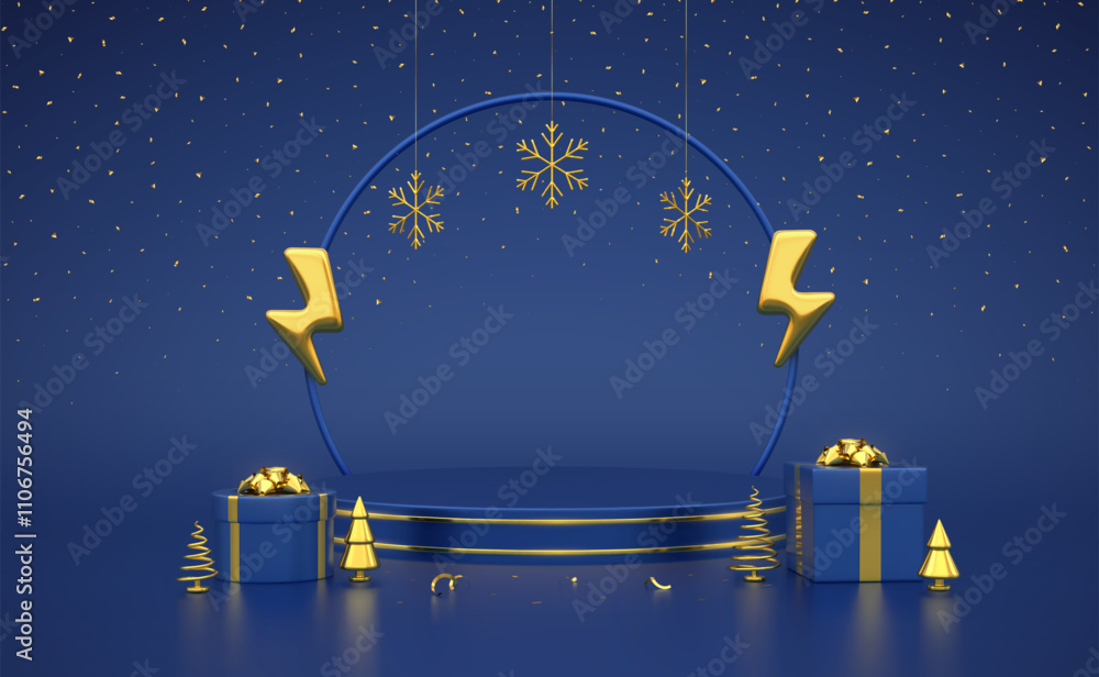 Fototapeta premium Christmas sale banner. Blue Stage podium with gold lightning bolt and snowflakes. Gift boxes with golden bow, metallic fir or pine trees. New Year Discount shopping. Flash sale. Vector illustration.