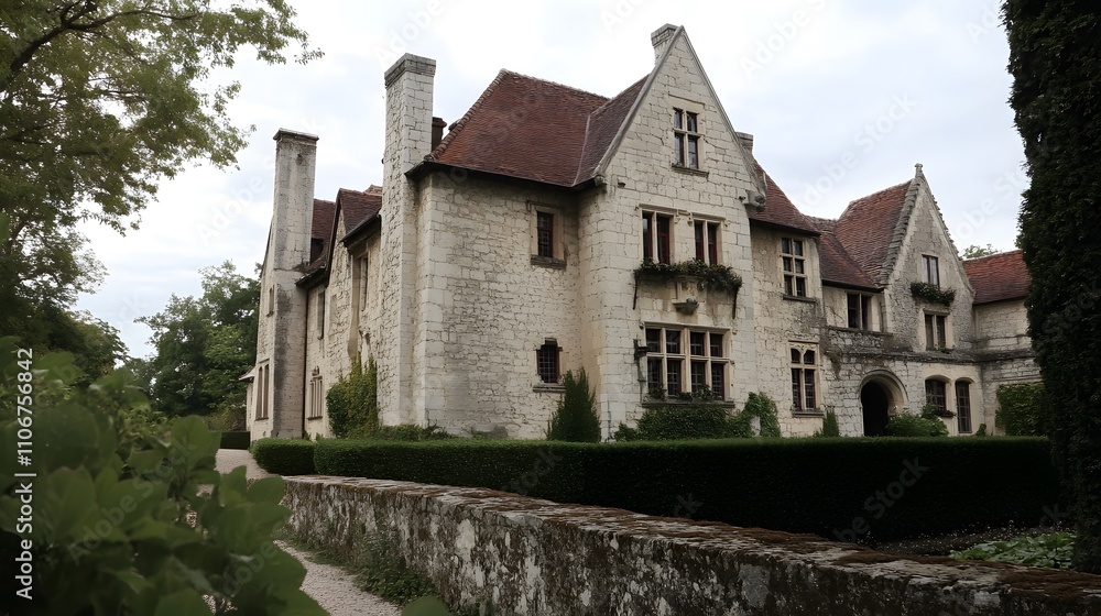 Medieval manor house with stone walls and wide moat
Medieval manor house with stone walls and wide moat