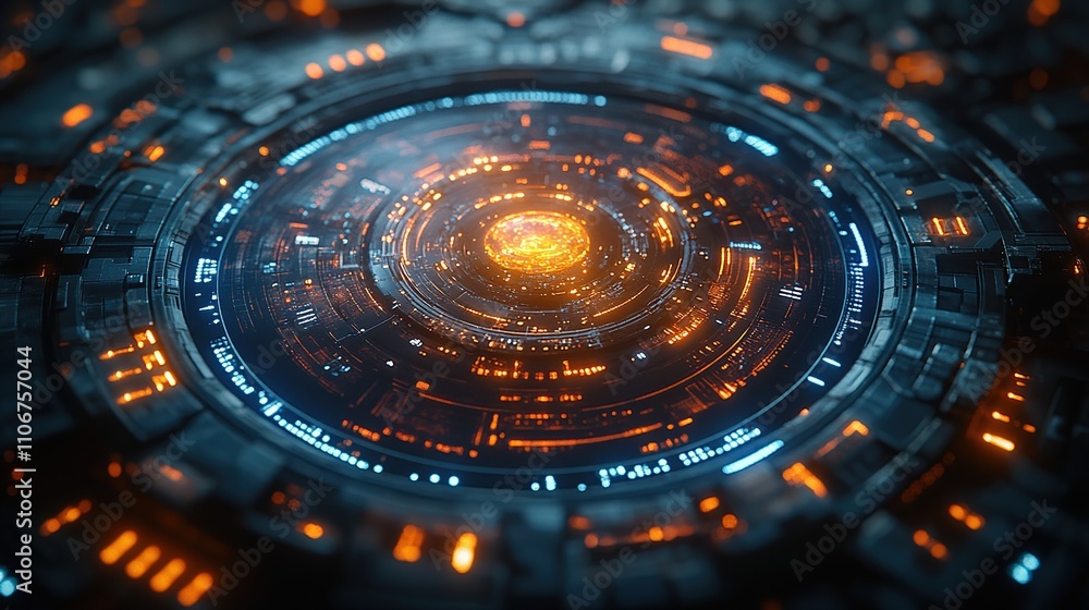 Obraz premium A futuristic circular interface with glowing elements and intricate details.