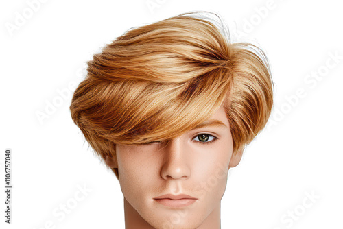 Blond human male hair wig, elegantly isolated for high-resolution usage.