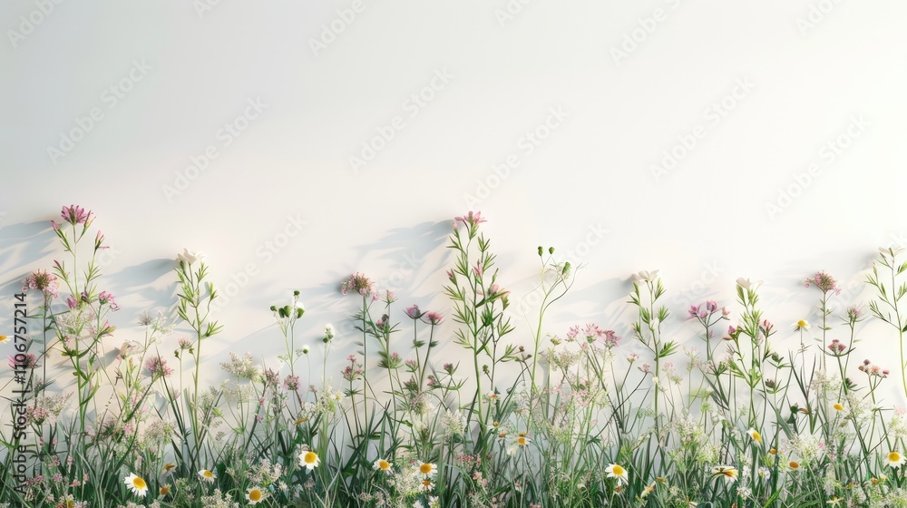 Fototapeta premium Shades of flowers and grass on a white wall. Neutral abstract nature background. Text space available.