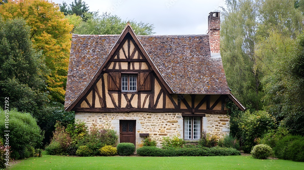 Old English barn-style home with sloping roof and timber beams
Old English barn-style home with sloping roof and timber beams