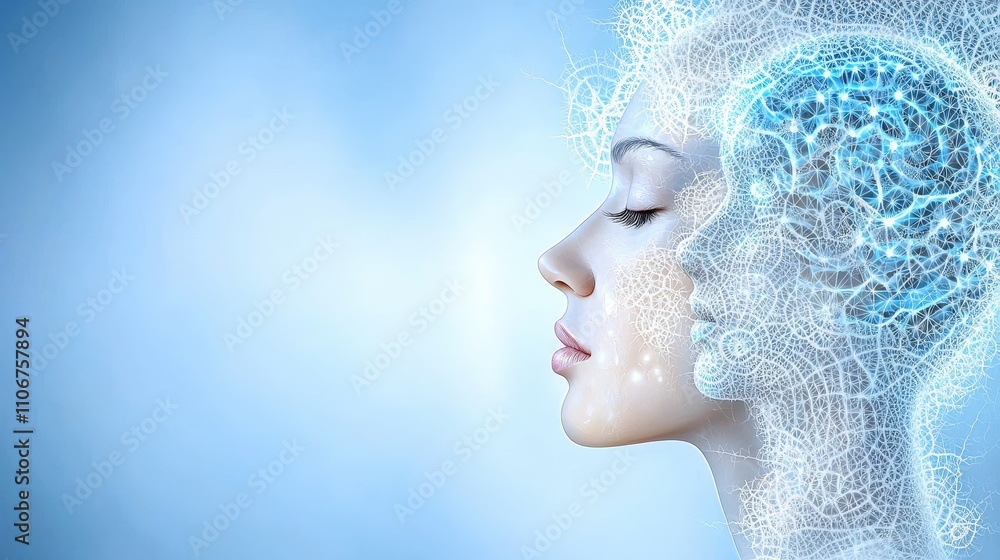 Serene Mind Woman Profile with Brain Fractal Art Serene Mind Woman Profile with Brain Fractal Art