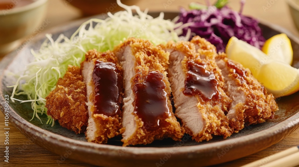 A tempting platter of Japanese tonkatsu, breaded and deep-fried pork cutlet served with tonkatsu sauce, Tonkatsu platter centered A tempting platter of Japanese tonkatsu, breaded and deep-fried pork cutlet served with tonkatsu sauce, Tonkatsu platter centered