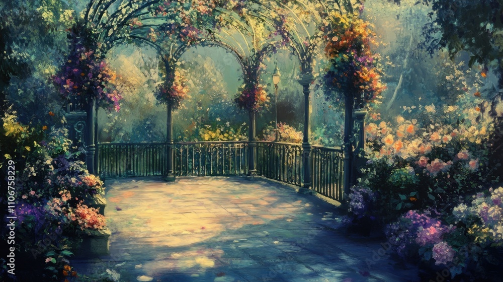 Oil painting of arched flower stand with mottled light in Rococo style Oil painting of arched flower stand with mottled light in Rococo style