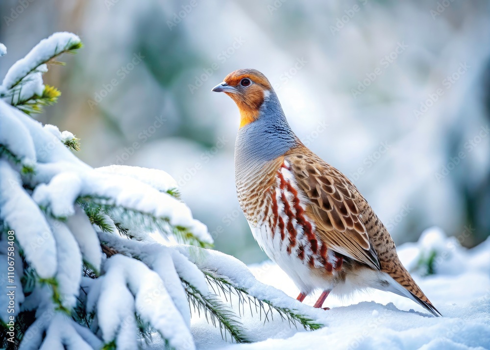 Aerial Photography of Winter Landscape Featuring Grey Partridge in Serene Nature Background - Perdix perdix, Snowy Terrain, Wildlife, Cold Season Beauty