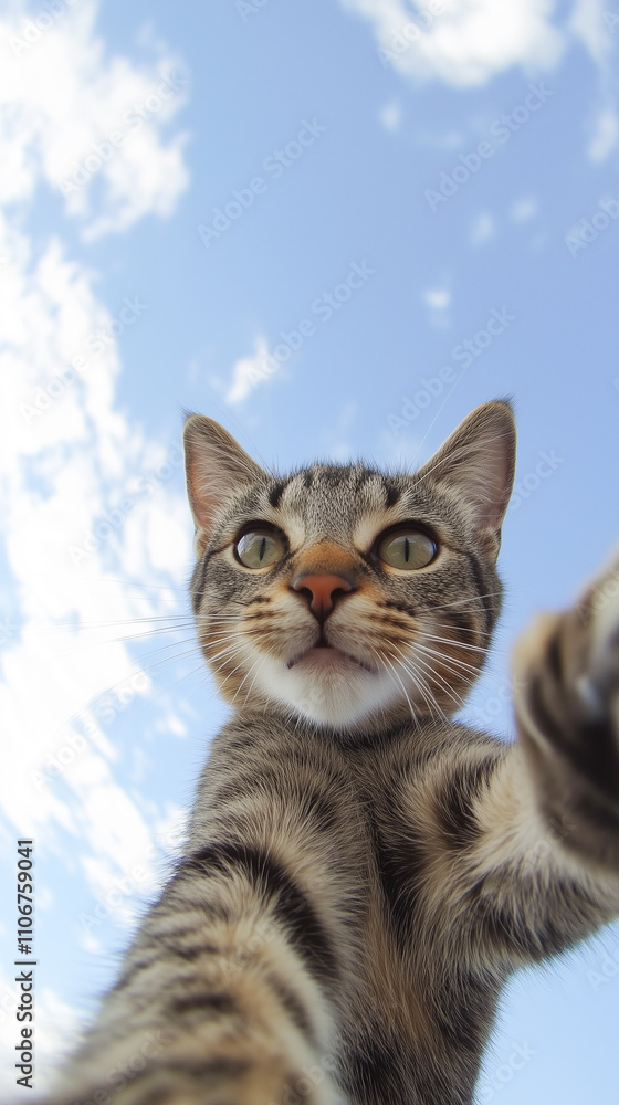 Tabby cat reaches out against clear sky, capturing a playful, adventurous moment