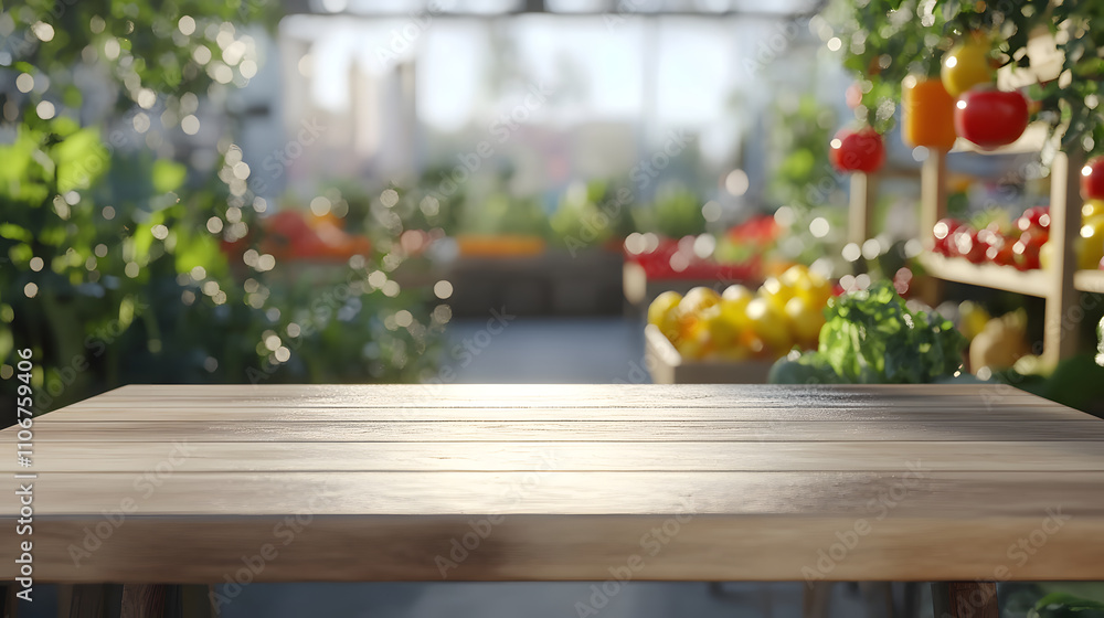 Fototapeta premium A wooden table in a vibrant greenhouse filled with fresh produce and greenery.