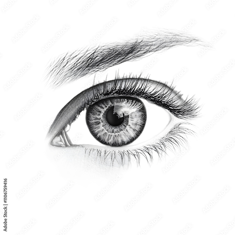 A stylized grayscale drawing of a human eye with detailed rendering of lashes and eyebrow. A stylized grayscale drawing of a human eye with detailed rendering of lashes and eyebrow.