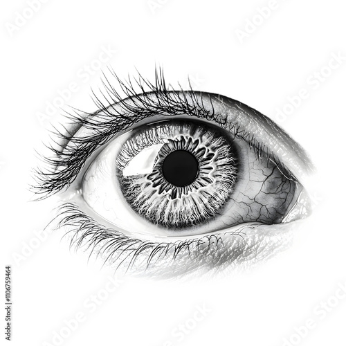 A stylized black and white close up image of a human eye with detailed textures and dramatic lighting.