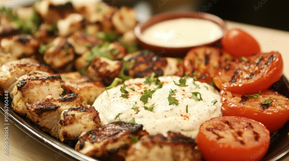 A tempting platter of Lebanese shish taouk, grilled chicken skewers marinated in yogurt, garlic A tempting platter of Lebanese shish taouk, grilled chicken skewers marinated in yogurt, garlic