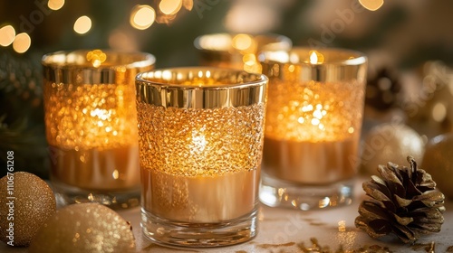 Gold candles with a soft flicker, displayed in ornate glass holders with a festive theme